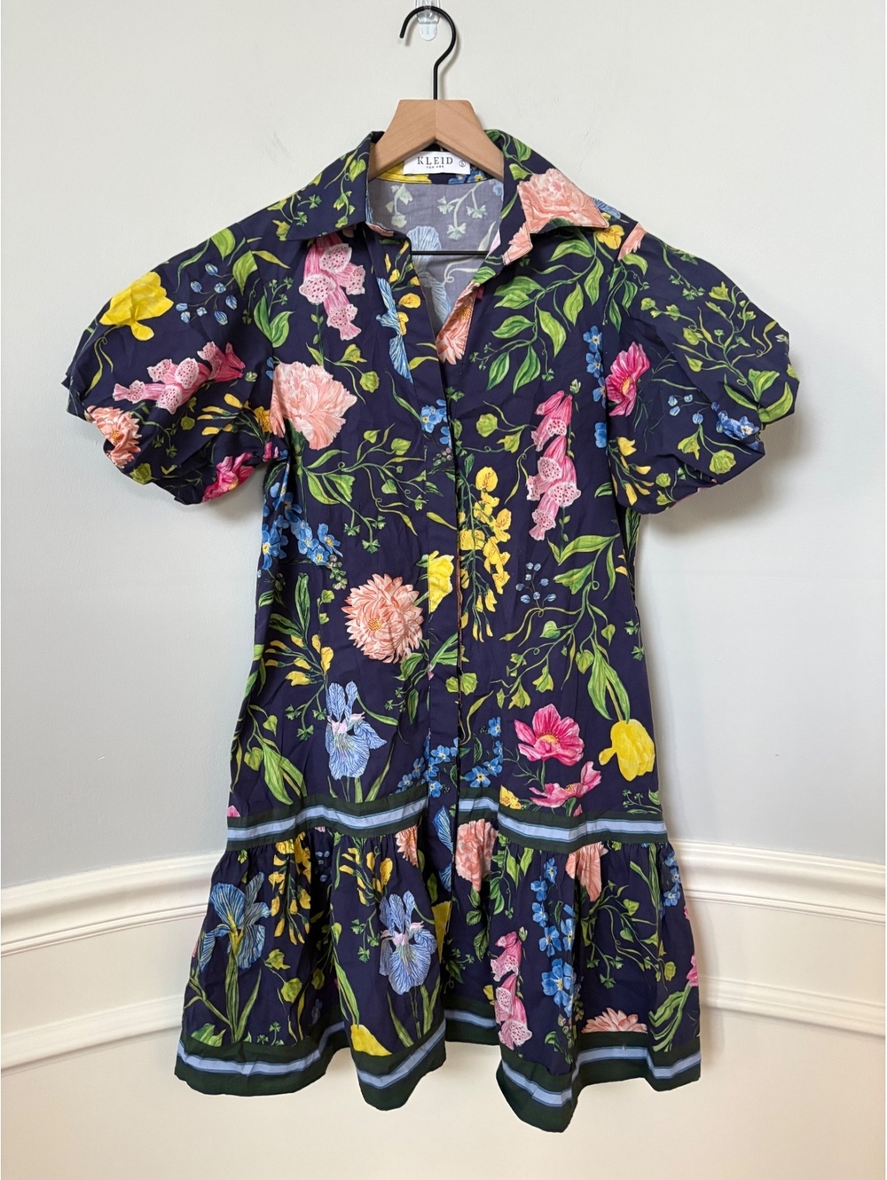 KLEID For Her Navy Blue Garden Floral Puff Sleeve Rope Belted Mini Dress S